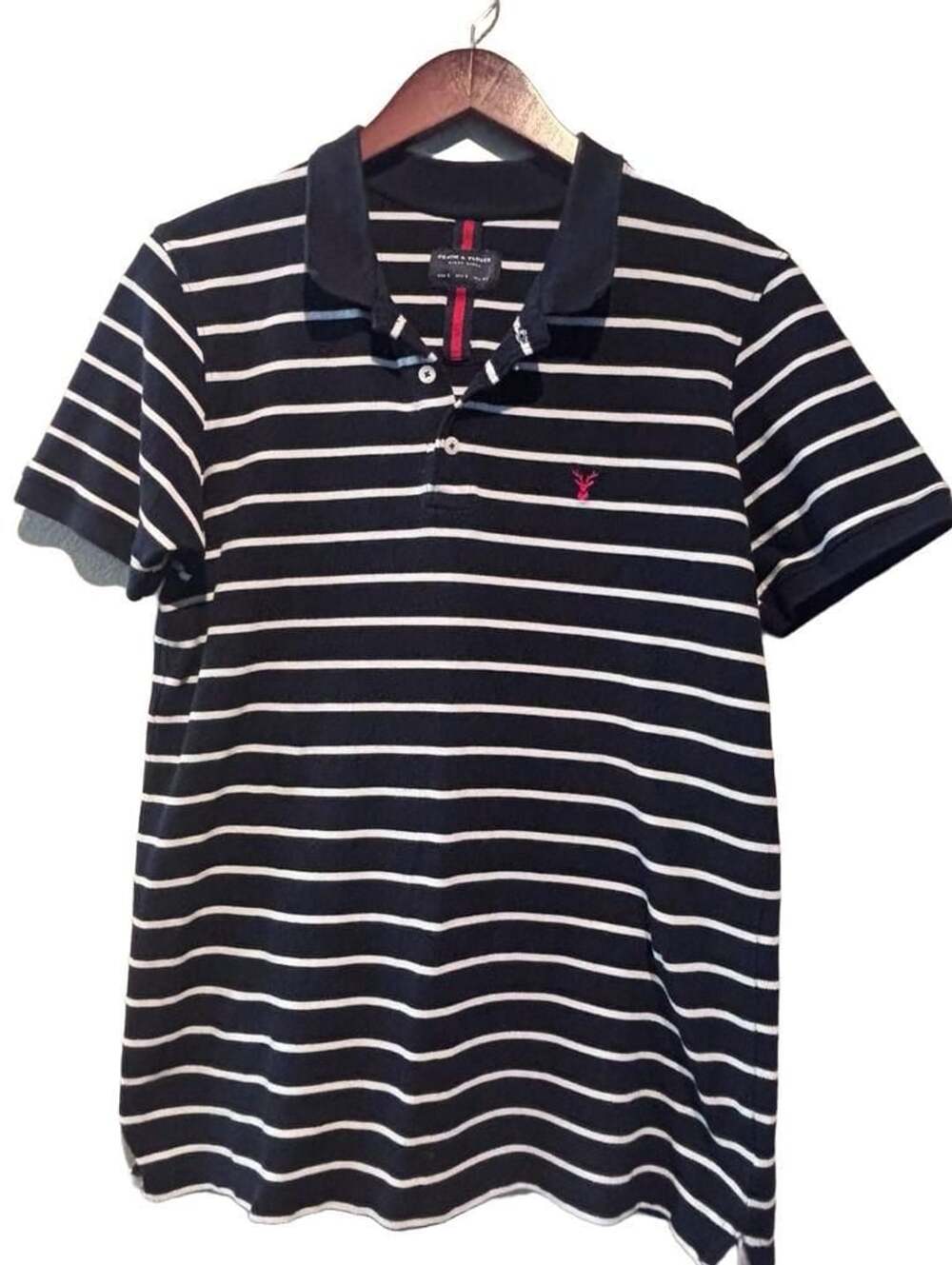 Denim & Flower Ricky Singh Polo Shirt Size L Navy White Striped Deer